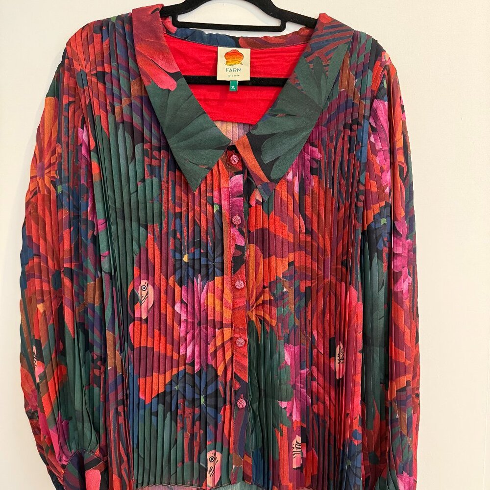 Farm Rio Pleated Floral Button-Up Blouse Colorful Size XL